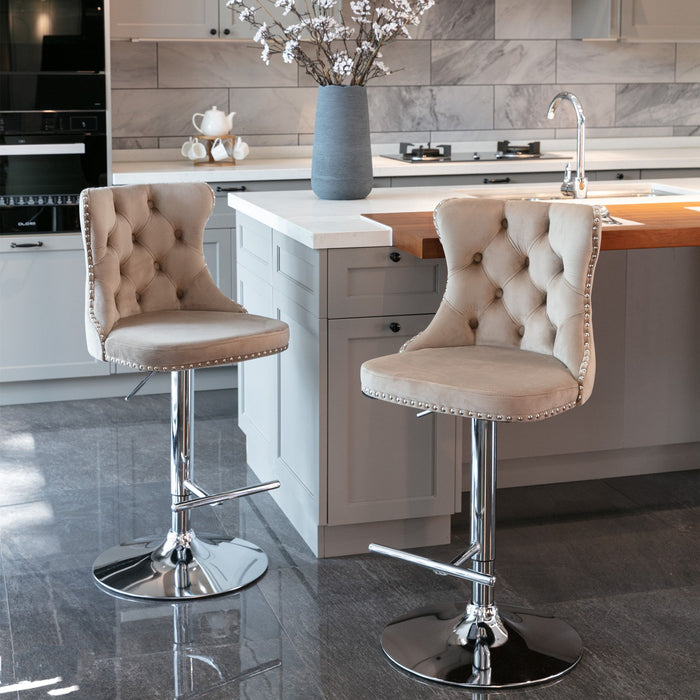 Set of 2 Giga modern upholstered swivel barstools with adjustable height, tufted backs, perfect for home pub or kitchen island.