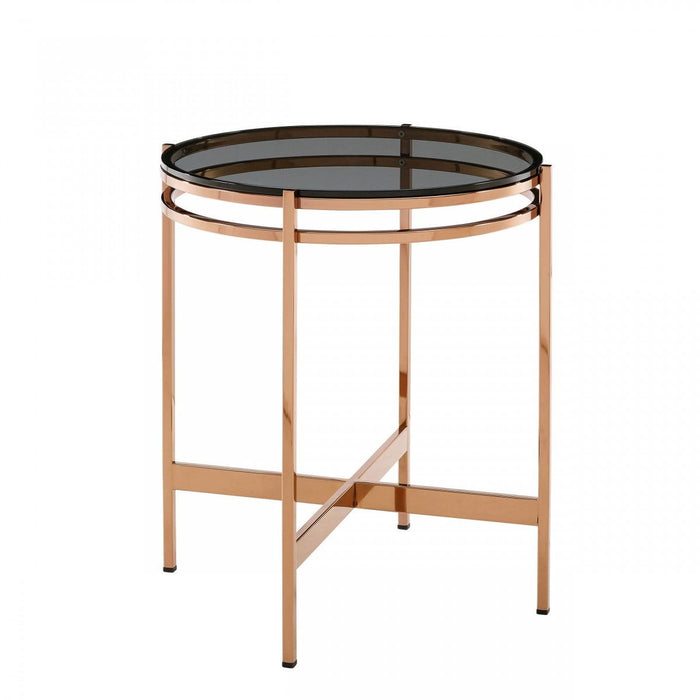 Glass Geo Round End Table - Rosegold And Smoke