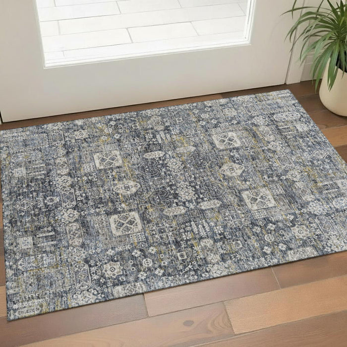 3' X 5' Floral Washable Area Rug With UV Protection (653363) - Charcoal / Ivory / Gold