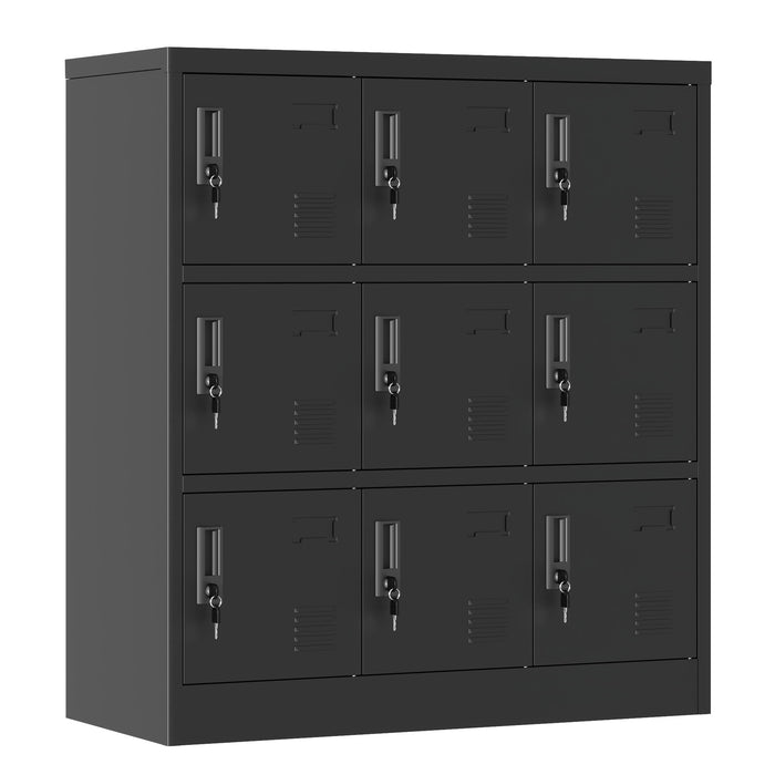 Black Giga 9-door employee storage locker with card slot, ideal for office, gym, school, or home use, featuring secure lock mechanisms.