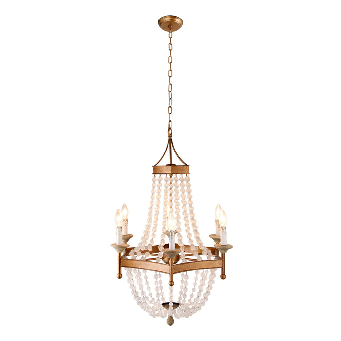 Candle Style Six Light Metal Frosted Glass Chandelier - Gold / White