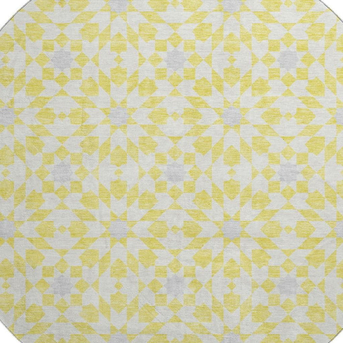 8' Geometric Washable Round Rug With UV Protection - Yellow And Gray