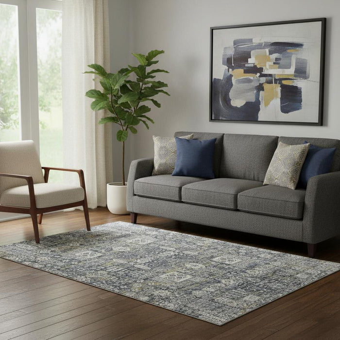 5' X 8' Floral Washable Area Rug With UV Protection (653364) - Charcoal / Ivory / Gold
