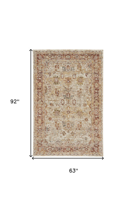 5' X 8' Floral Distressed Area Rug (550333) - Ivory / Red