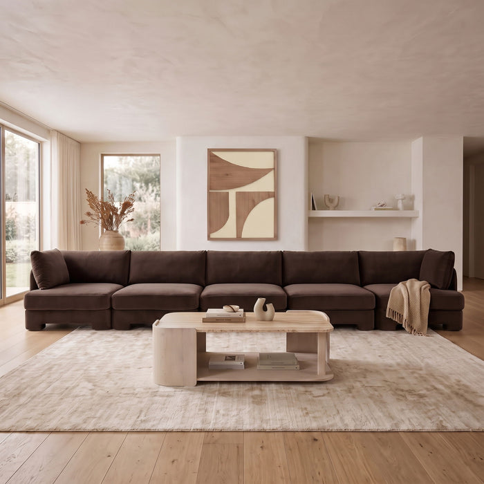 Meridian Furniture Hammond velvet performance fabric 5-piece sectional sofa with upholstered cushions and modern design.