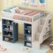 White Giga full size loft bed with built-in staircase, privacy curtain, and two four-layer storage cabinets.