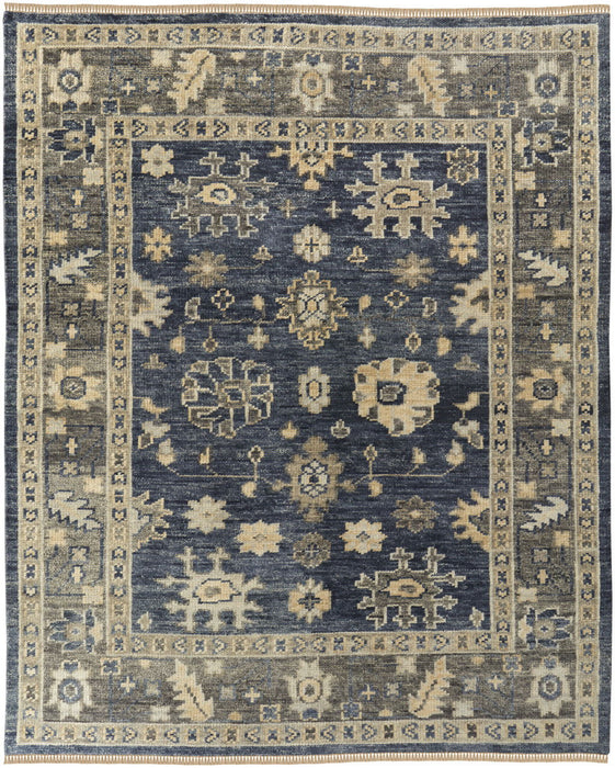 10' x 14' Wool Floral Hand Knotted Area Rug With Fringe - Blue And Gray