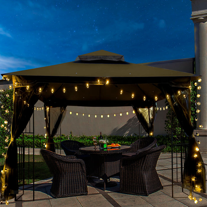 Giga patio gazebo tent with ventilated double roof and mosquito net, providing shaded outdoor shelter for relaxing in the yard.