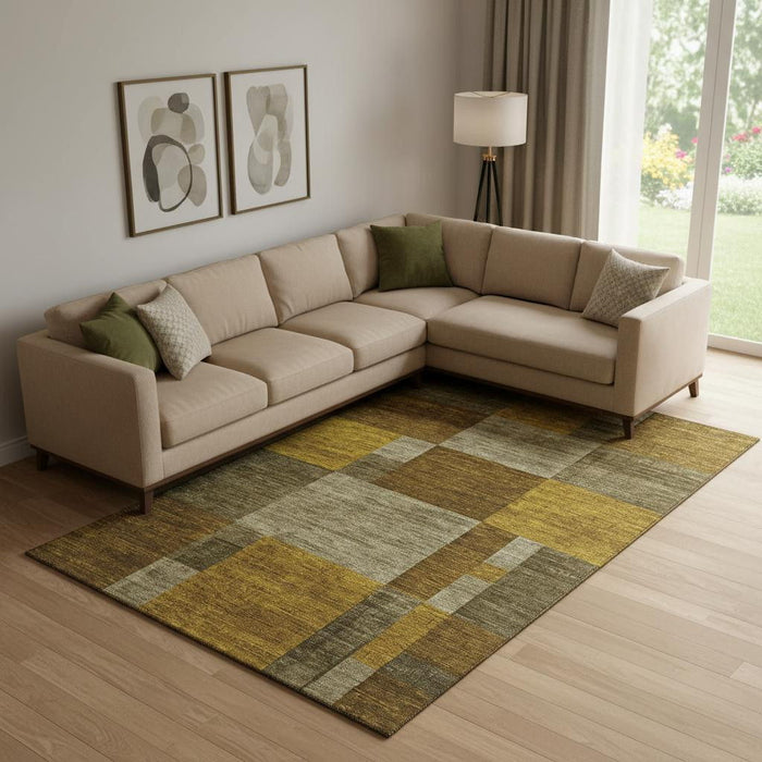10' X 14' Geometric Washable Area Rug With UV Protection (700059) - Pewter / Gold / Brown