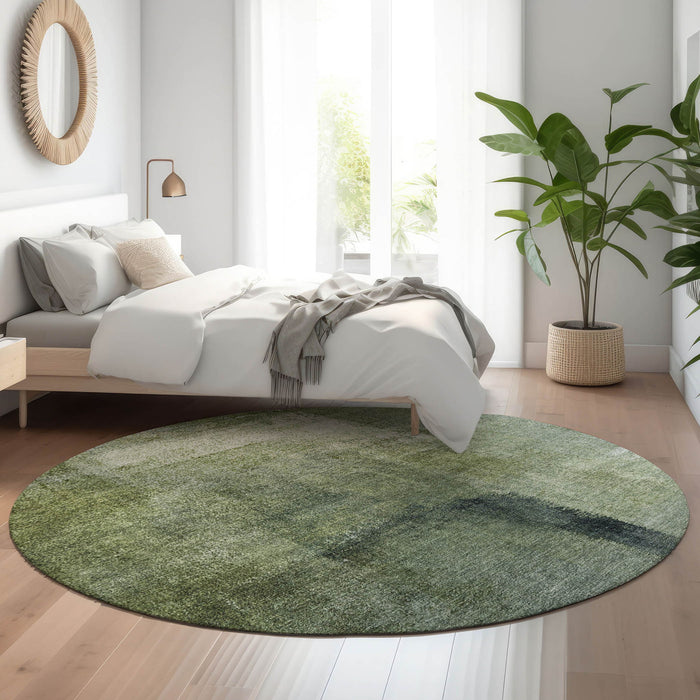 8' Abstract Washable Round Rug Polyester With UV Protection - Green And Ivory