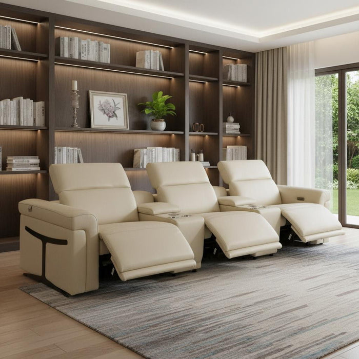 Top Grain Leather Reclining Metal USB Sofa (720364) - Beige