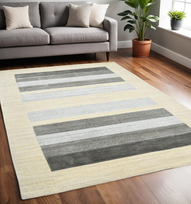 5' X 8' Wool Striped Hand Woven Area Rug - Ivory And Gray