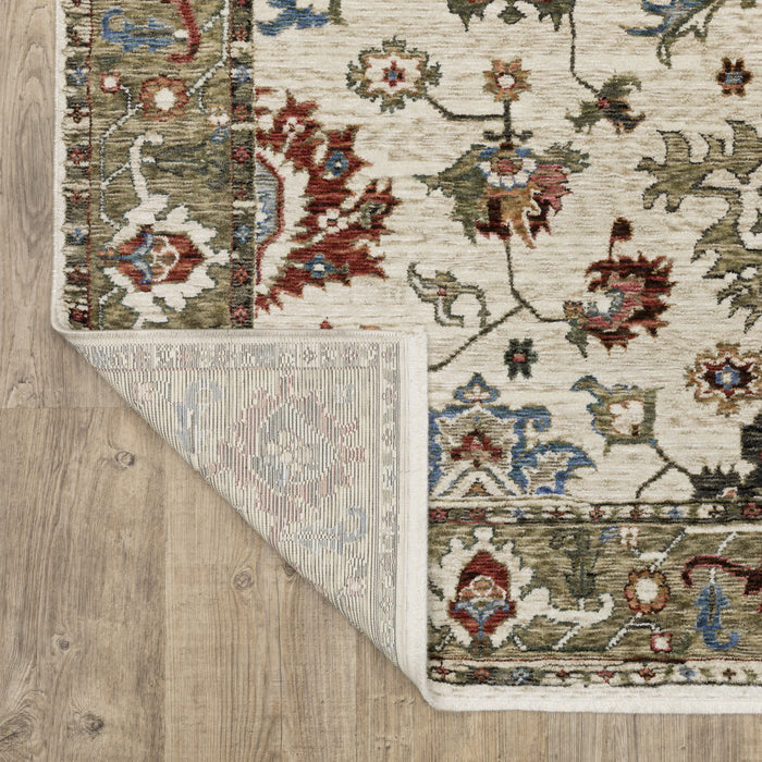 8' Oriental Runner Rug With Fringe (575634) - Ivory / Green / Red
