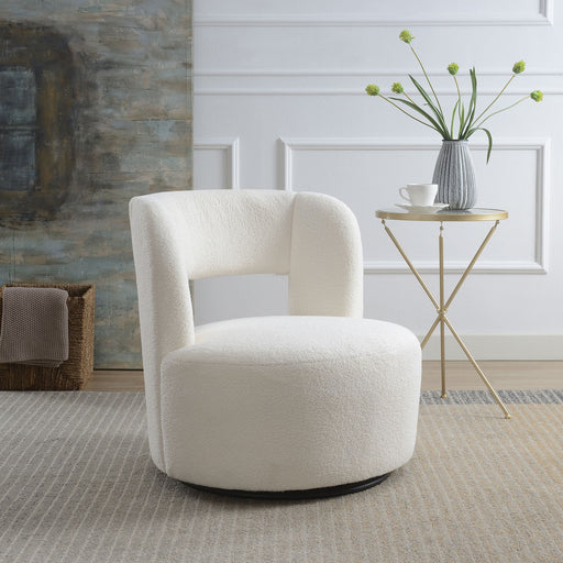 Giga swivel chair with round barrel shape, soft teddy fabric, perfect for living room seating and modern interior decor.