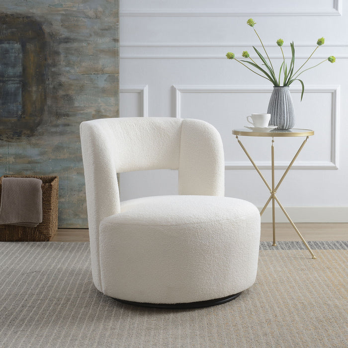 Giga swivel chair with round barrel shape, soft teddy fabric, perfect for living room seating and modern interior decor.