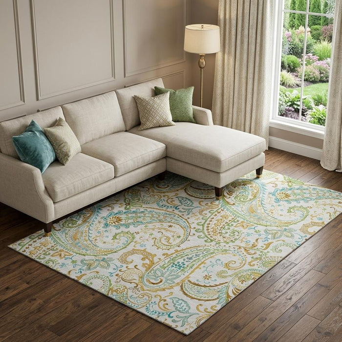 10' X 14' Paisley Washable Area Rug With UV Protection (647980) - Ivory / Blue / Green