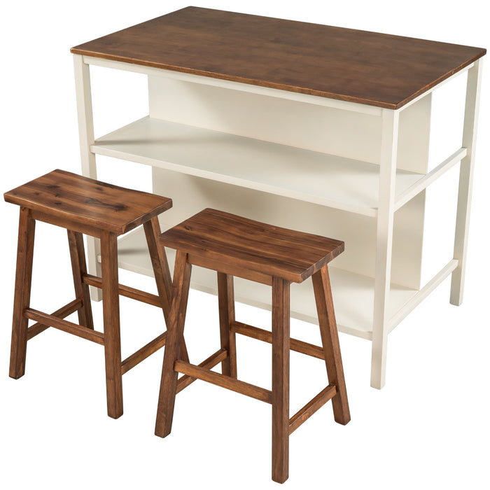 Rustic Giga 3-piece kitchen island set with two seats and open shelves, ideal for dining room and casual meals.
