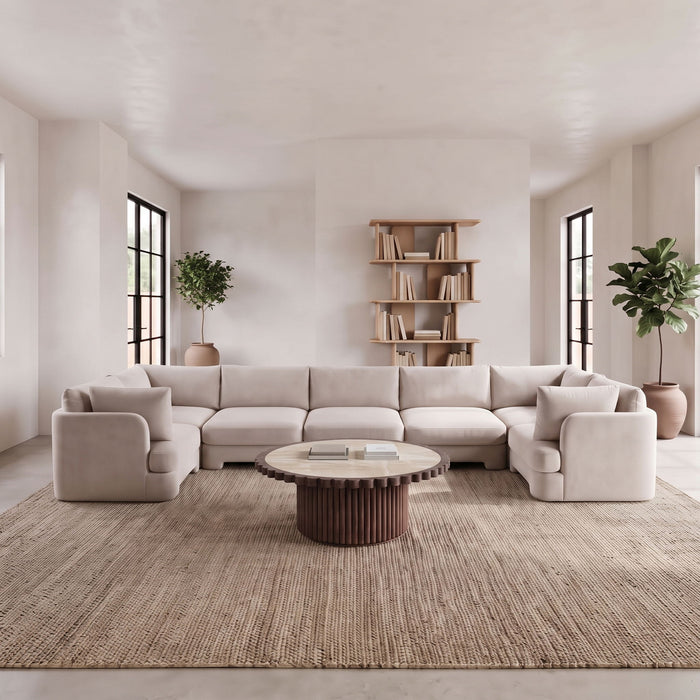 Meridian Furniture Hammond velvet performance fabric U-shaped sectional sofa with seven stationary sectional pieces.