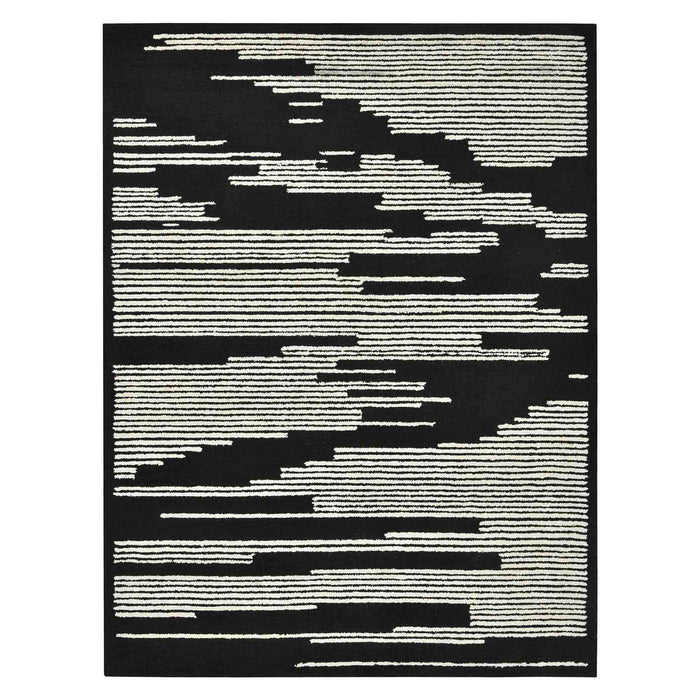 9' X 13' Wool Abstract Hand Hooked Area Rug - Black And Ivory
