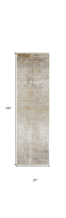 3' x 10' Abstract Runner Rug With Fringe - Taupe Ivory And Gold