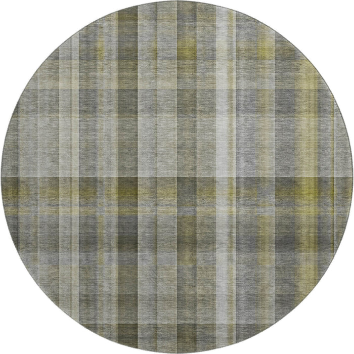 8' Plaid Washable Round Rug With UV Protection (648013) - Gray / Gold