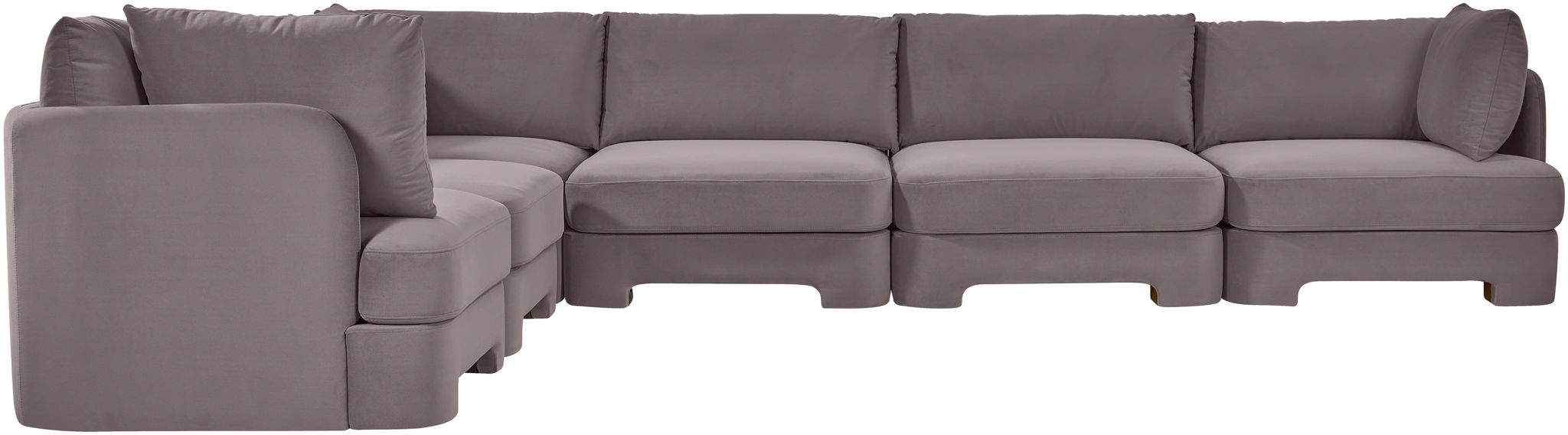 Meridian Furniture Hammond velvet performance fabric 6-piece corner sectional with plush cushions and upholstered arms, ideal for living room.