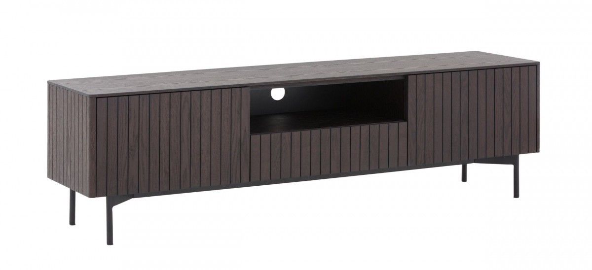 HomeRoots 63-inch black and dark brown wood and metal TV stand with open and enclosed storage spaces.