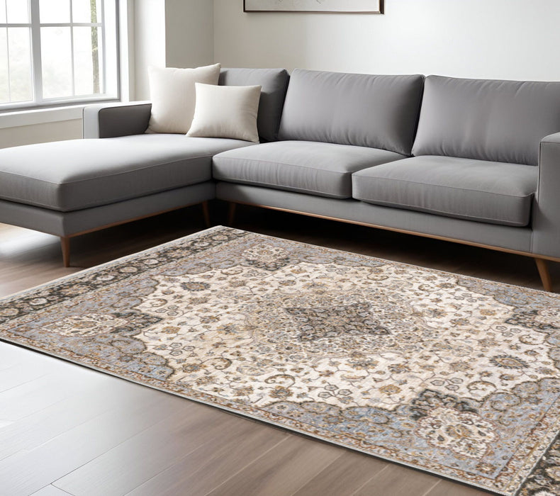 8' x 11' Oriental Power Loom Stain Resistant Area Rug With Fringe - Ivory And Blue