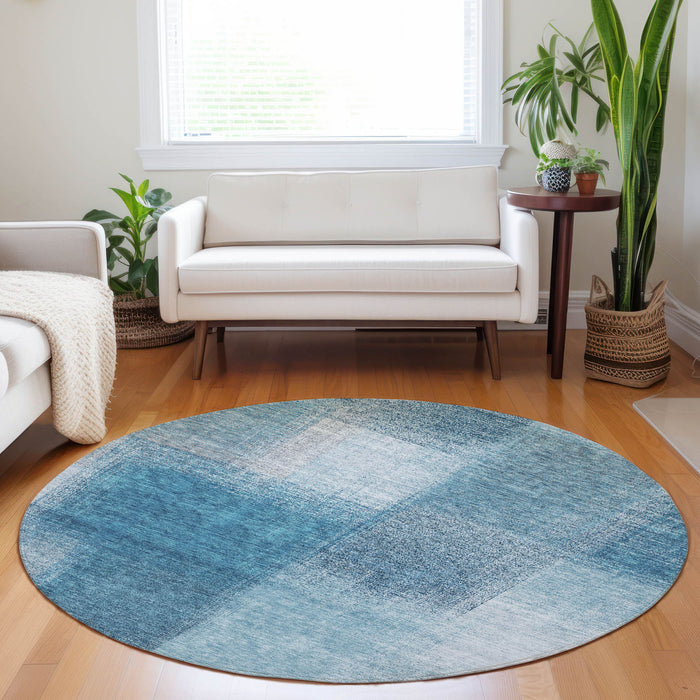 8' Abstract Washable Round Rug With UV Protection - Denim Blue / Ivory