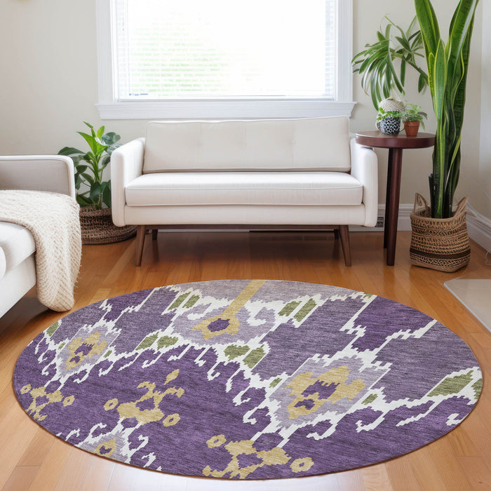 8' Ikat Washable Round Rug With UV Protection - Purple