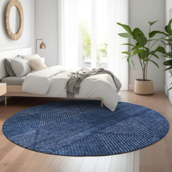 8' Transitional Geometric Washable Round Rug With UV Protection - Navy Blue And Ivory