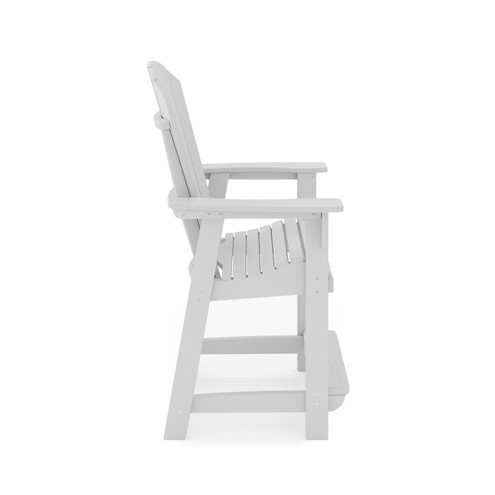 Giga Adirondack style counter chair made of HDPE poly lumber, ideal for dining, patio, and garden outdoor seating.