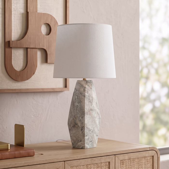 Seraphine marble and linen textured fabric table lamp by Meridian Furniture with a sleek, modern design and neutral tones.