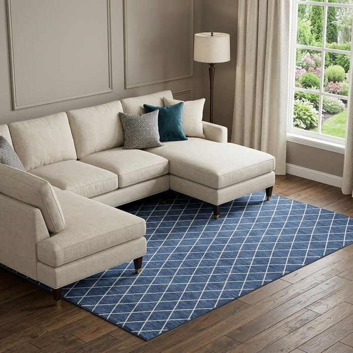 10' X 14' Geometric Washable Area Rug With UV Protection (674113) - Navy Blue / Ivory