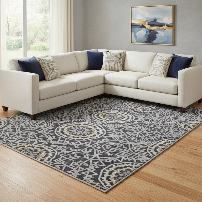 10' X 14' Geometric Washable Area Rug With UV Protection (652197) - Black / Ivory / Gold