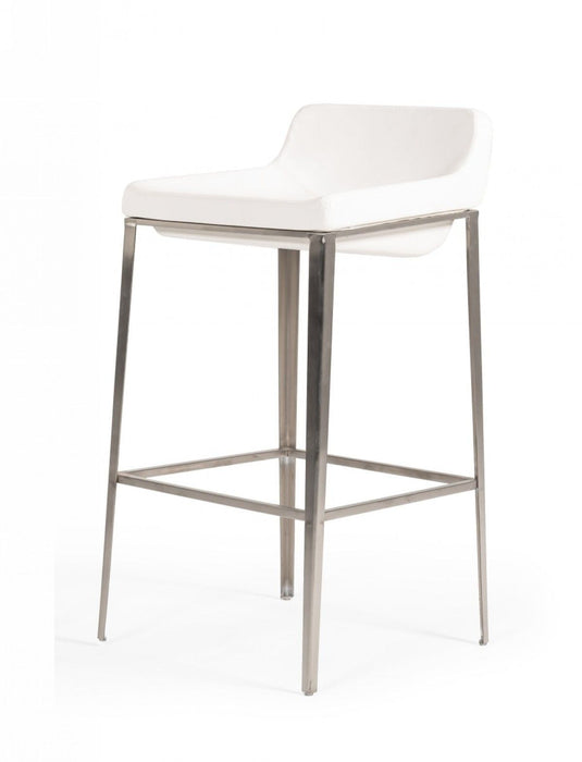 Faux Leather And Stainless Steel Low Back Bar Height Bar Chair - White And Silver