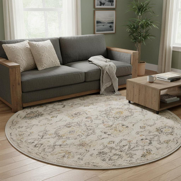 8' Floral Distressed Round Rug (573822) - Gray / Ivory / Yellow