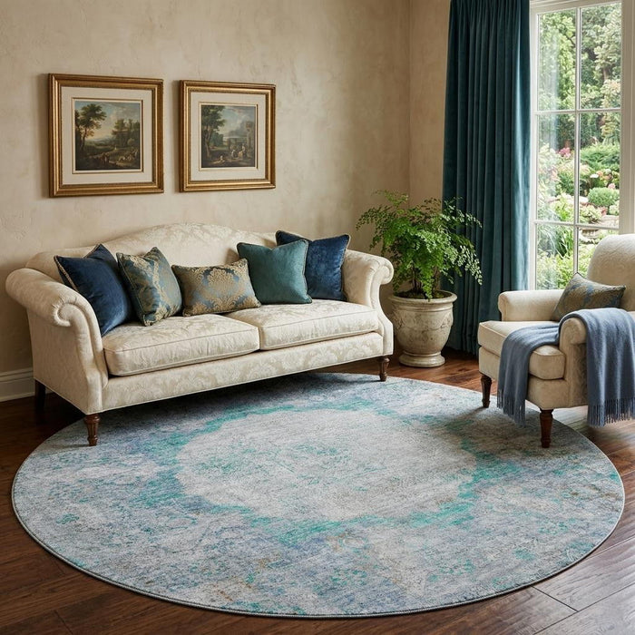 8' Oriental Washable Round Rug With UV Protection (655719) - Teal / Gray