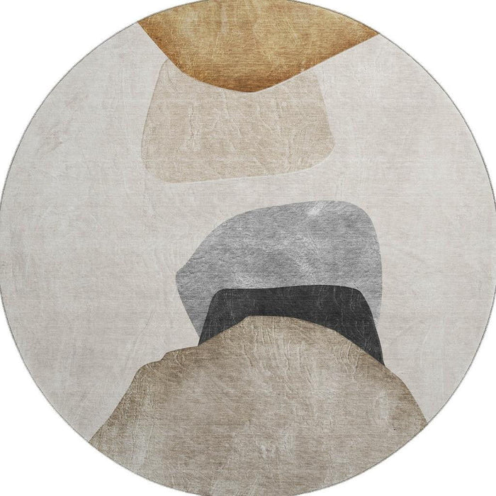8' Abstract Washable Round Rug With UV Protection (648469) - Brown / Gray