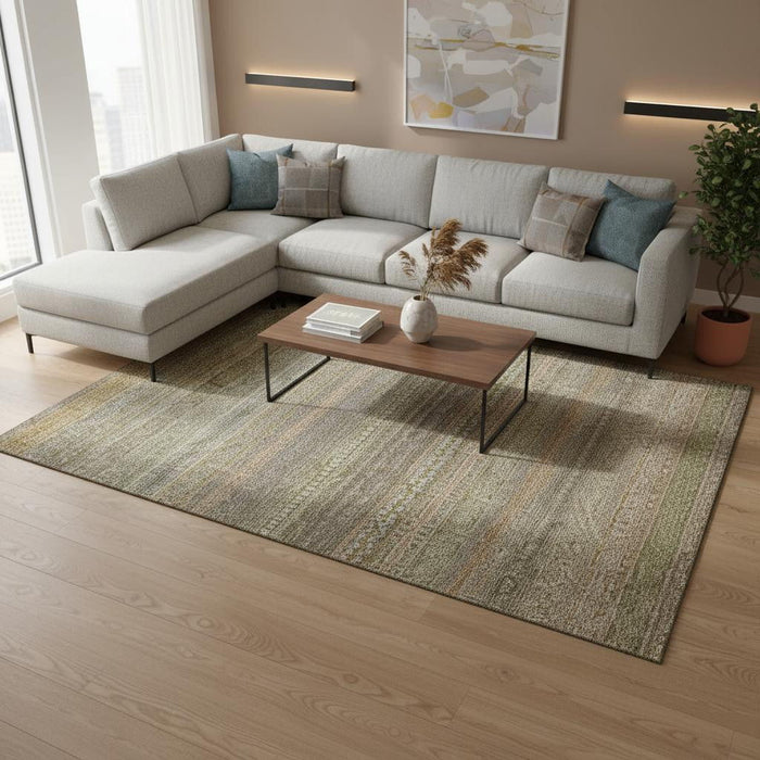 10' X 14' Striped Washable Area Rug With UV Protection (647518) - Khaki / Ivory
