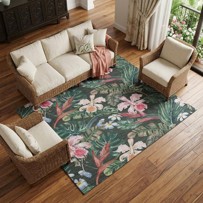 10' X 14' Geometric Washable Area Rug With UV Protection (646343) - Midnight / Green / Pink