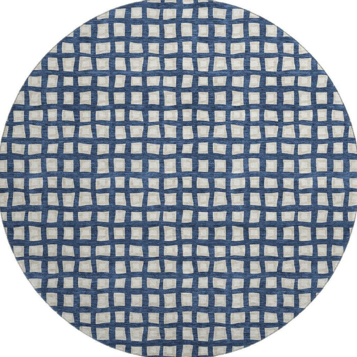 8' Transitional Geometric Washable Round Rug With UV Protection - Blue And Ivory