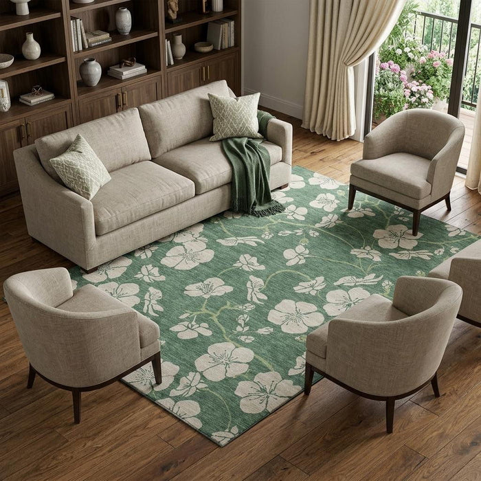 10' X 14' Floral Washable Area Rug With UV Protection (681203) - Sage / Beige