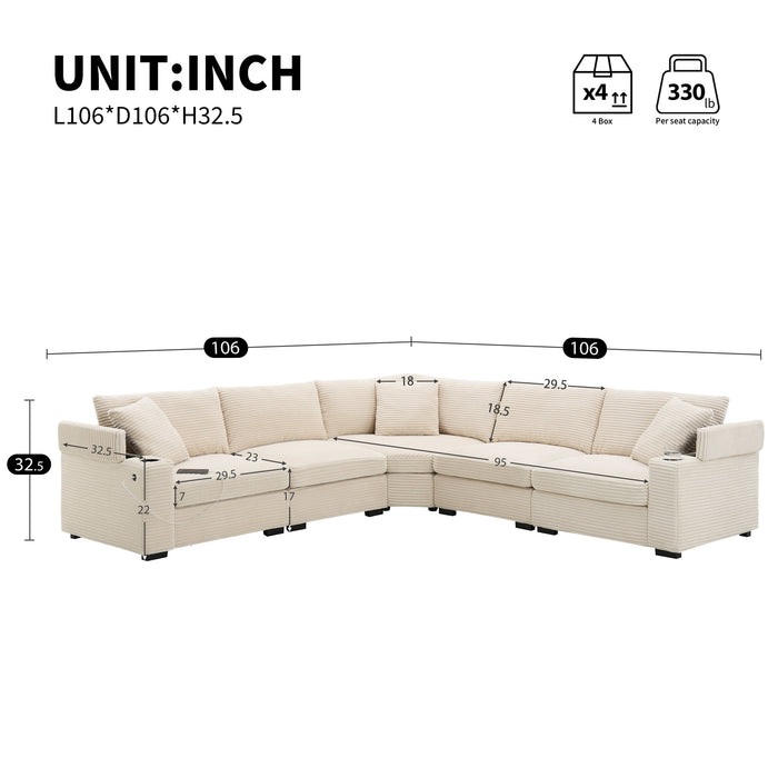 Giga convertible L-shaped sectional sofa with armrest storage, cup holders, USB charger, oversized modular design in a living room setting