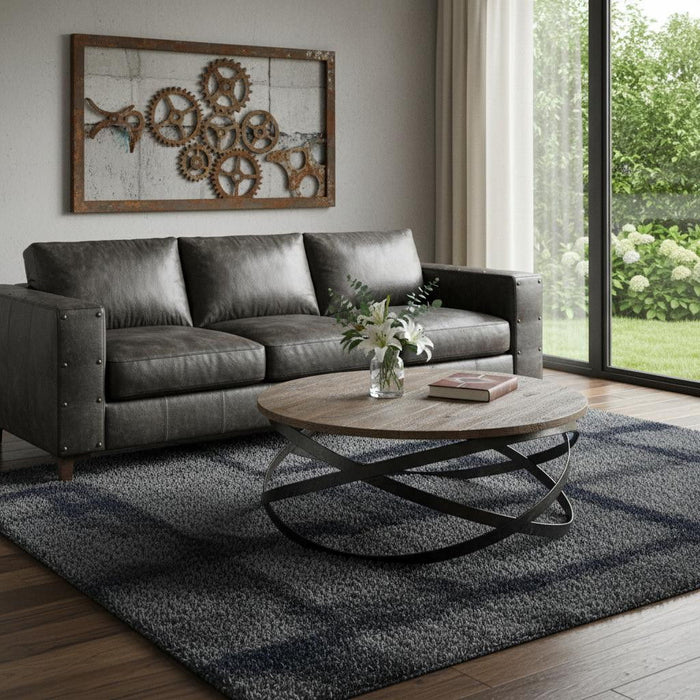 41" Solid Wood And Metal Round Coffee Table - Brown And Black