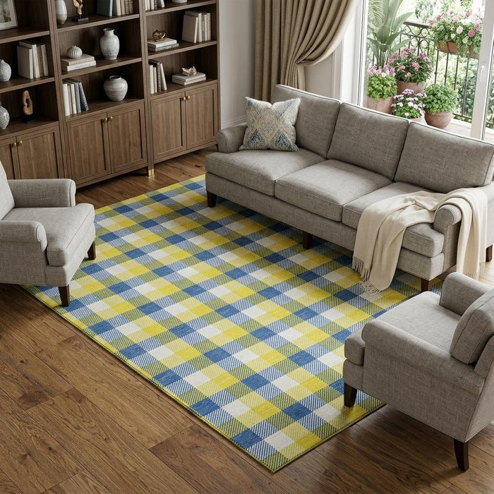 10' X 14' Plaid Washable Area Rug With UV Protection (682601) - Yellow / Navy Blue / Ivory
