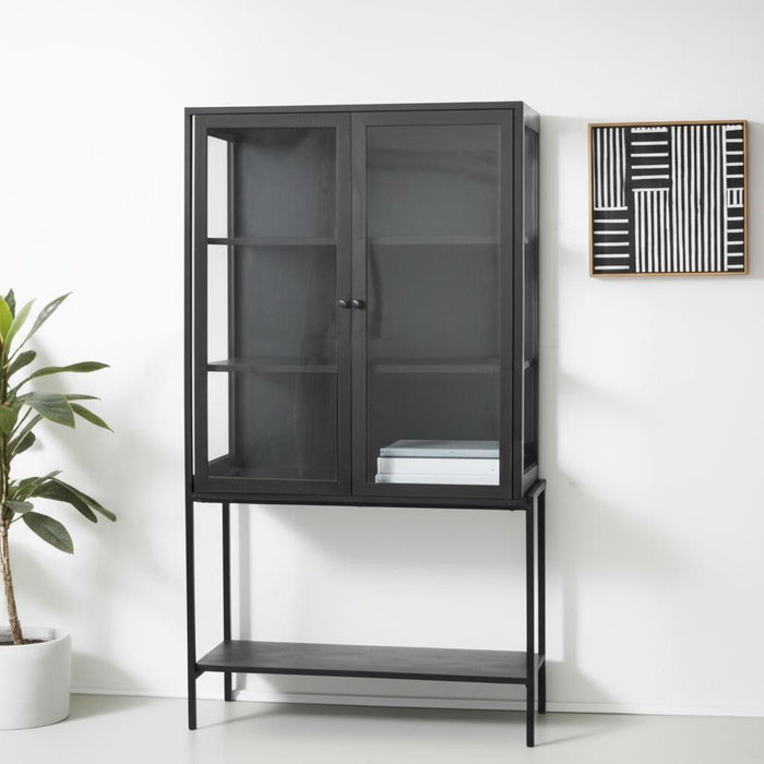 36" Solid Wood And Metal Display Cabinet With Two Doors - Black