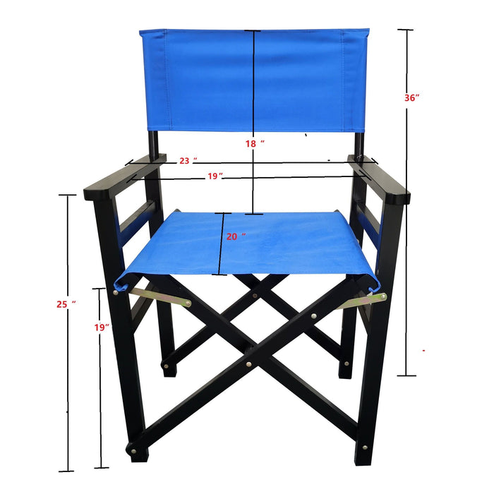 Set of 2 Giga wooden director folding chairs with blue canvas seats, lightweight and portable for indoor and outdoor use.