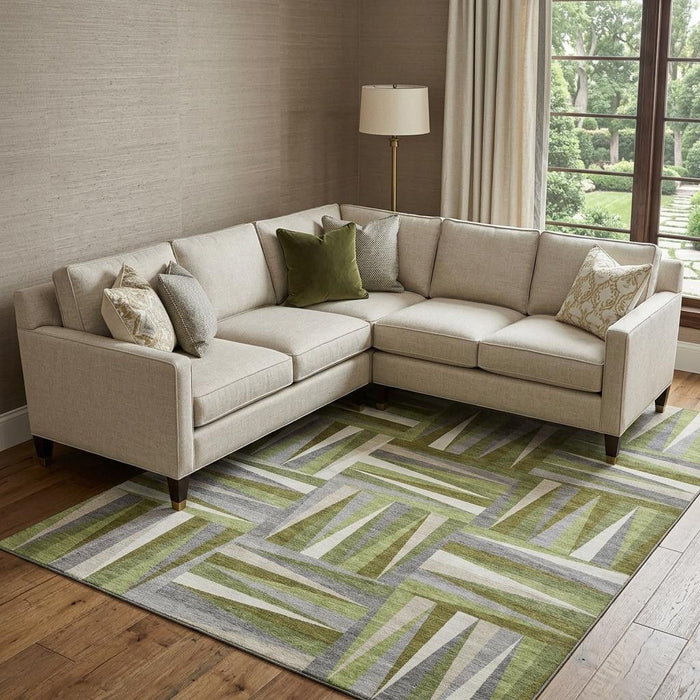 10' X 14' Geometric Washable Area Rug With UV Protection (679426) - Green / Ivory / Gray