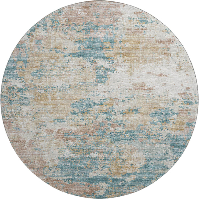8' Copper Abstract Washable Round Rug With UV Protection - Teal Blue